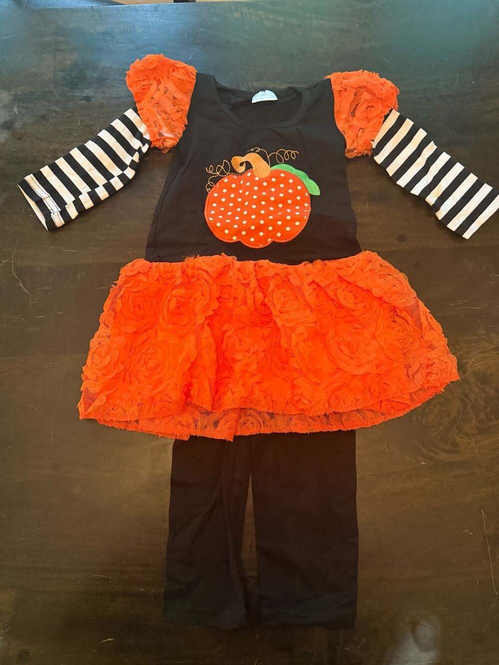 Baby Girls' Pumpkin Dress with Ruffled Skirt and Striped Sleeves S(2/3T)